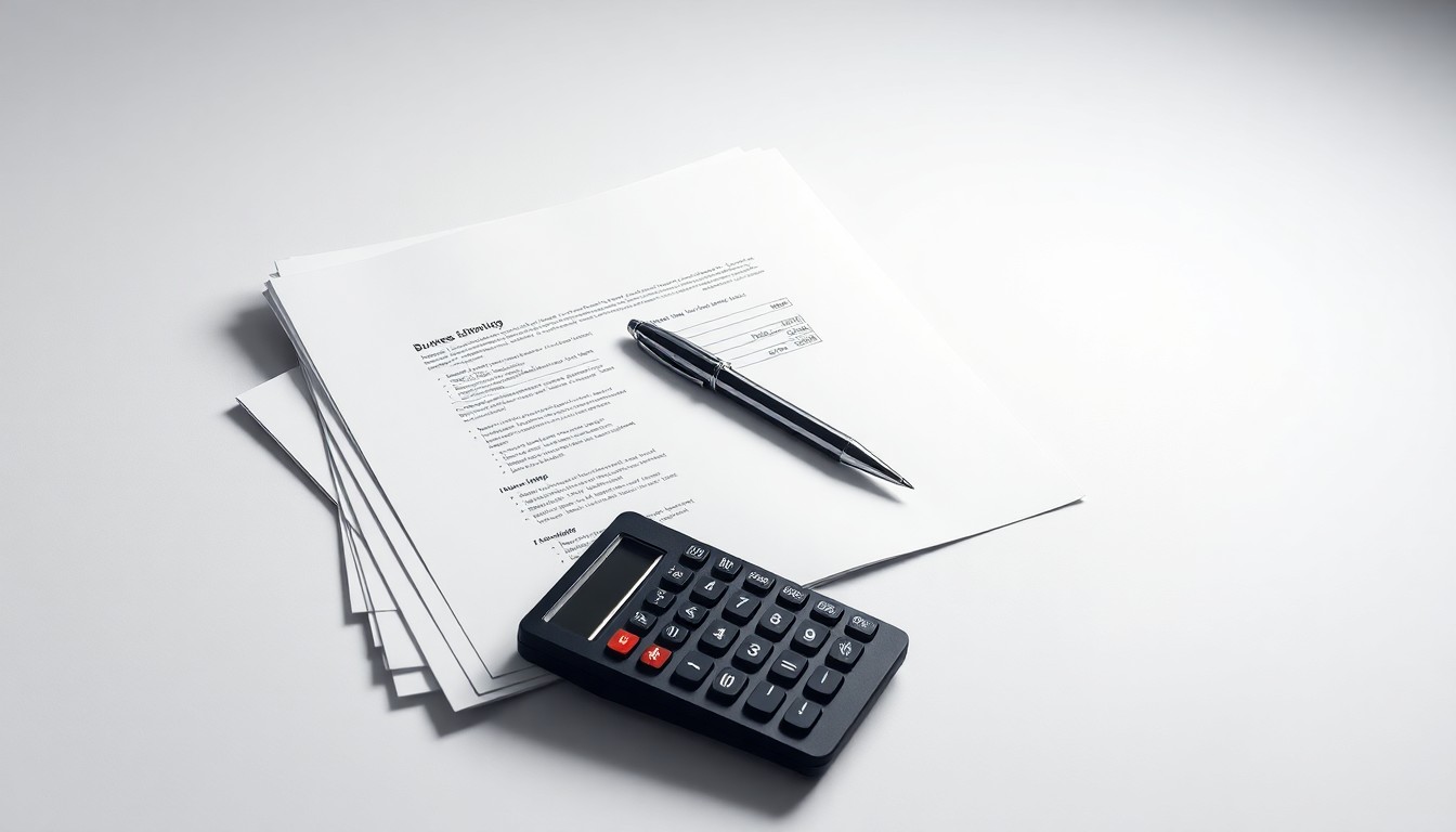 A high-end, photorealistic studio still-life photograph featuring a stack of business documents, a pen, and a calculator arranged elegantly on a clean, white seamless background, conceptually representing the abstract concepts of business planning, financial strategy, and entrepreneurial support.