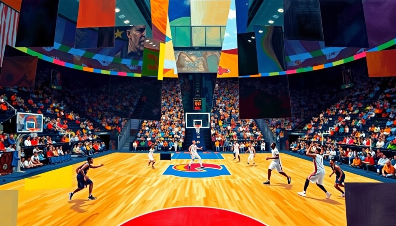 A fractured, multi-perspective painting in vibrant colors, breaking down a sports arena or field into sharp, overlapping geometric planes, conceptually representing the unique perspective and engagement of Kalshi's prediction markets.