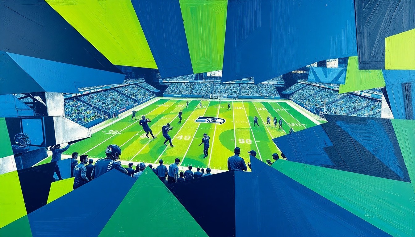 A cubist, geometric illustration depicting Seahawks players in various poses and perspectives, conveying the intensity and energy of their offseason training program.