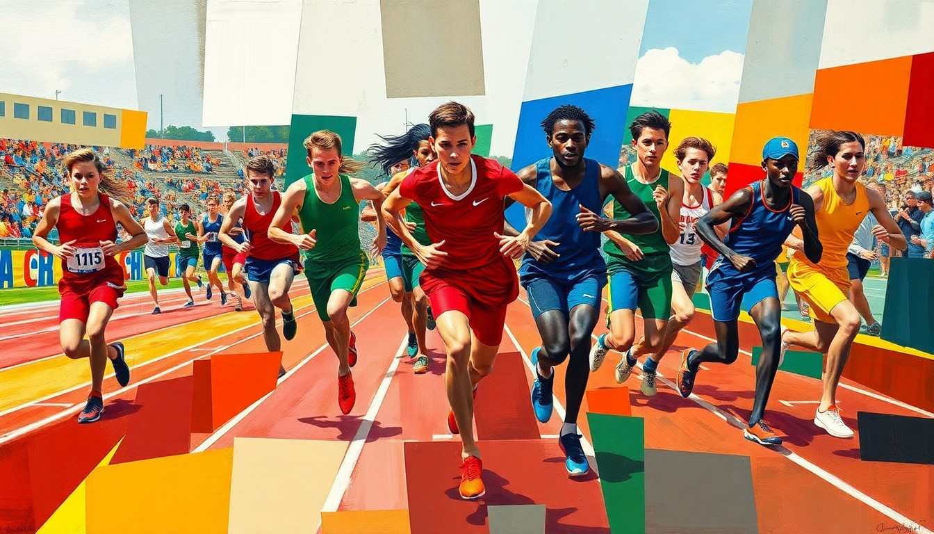 A cubist-style painting depicting a high school track and field competition, with fragmented geometric shapes and planes of color representing the athletes in motion.