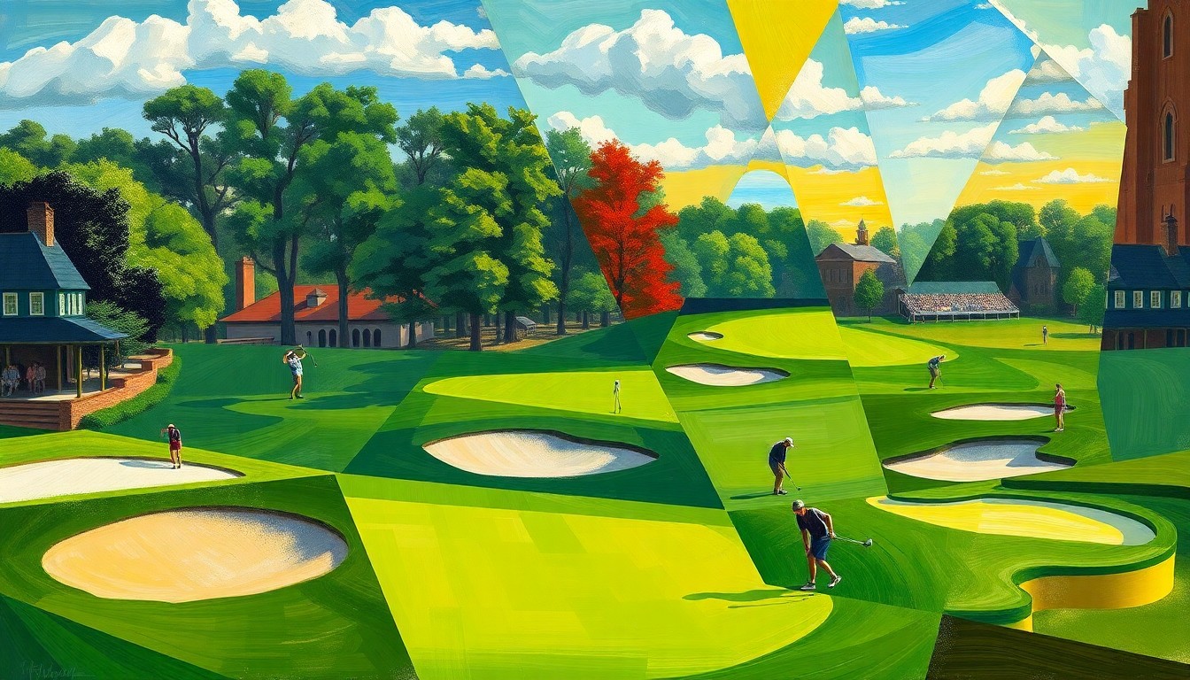 A fragmented, geometric painting depicting the various elements of a college golf tournament, including fairways, sand traps, and golfers in motion, all rendered in an abstract cubist style.