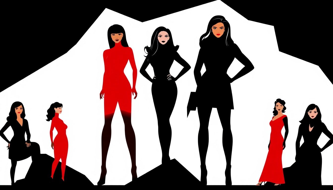 A minimalist, abstract illustration featuring bold, jagged shapes and silhouettes in high-contrast red and white, conceptually representing the cast of the new 'Real Housewives of Rhode Island' reality TV series.