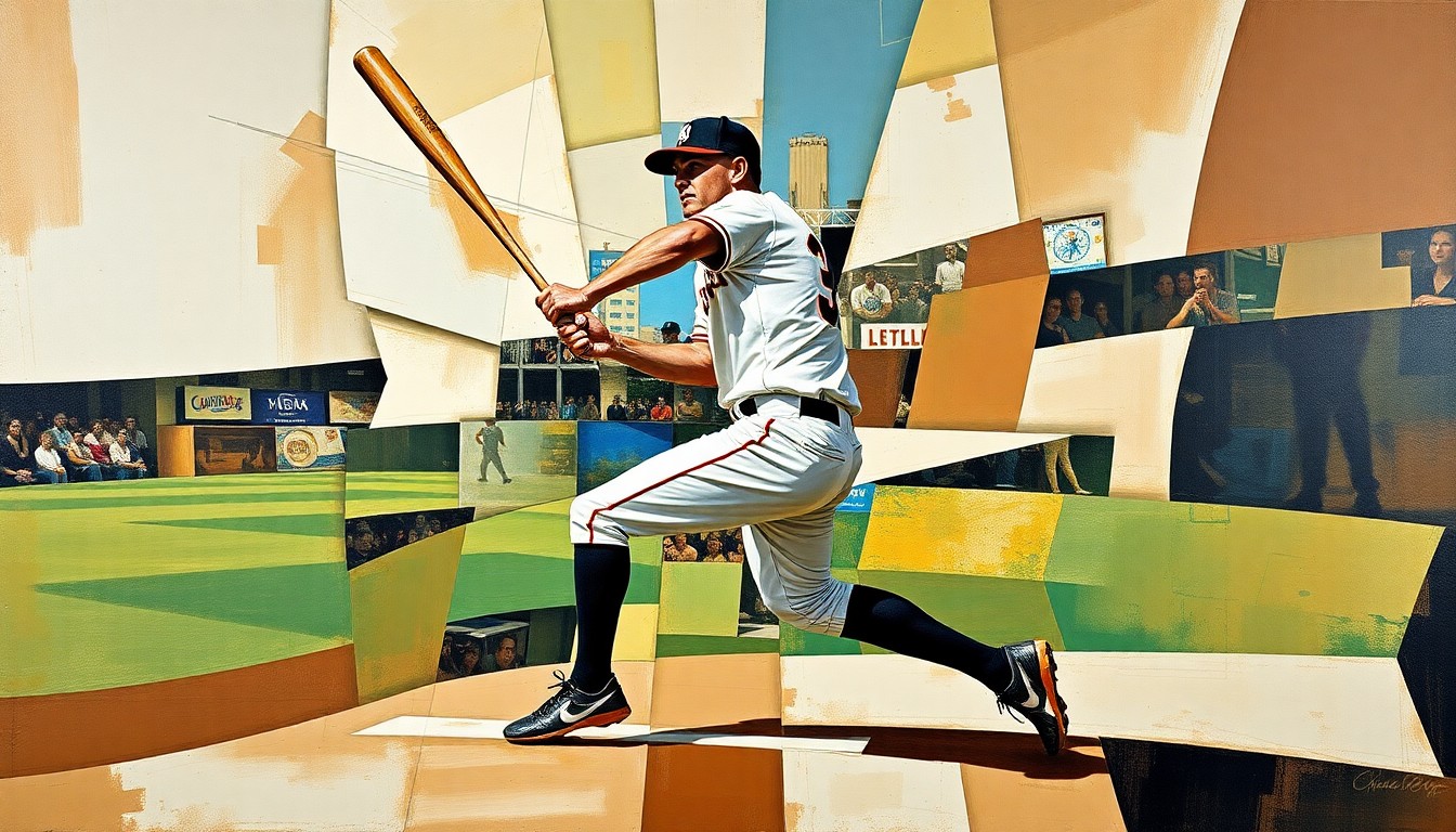 A cubist-style painting depicting a baseball player in motion, with their body and equipment broken down into sharp, overlapping geometric shapes and planes, conveying the dynamic energy of the sport.