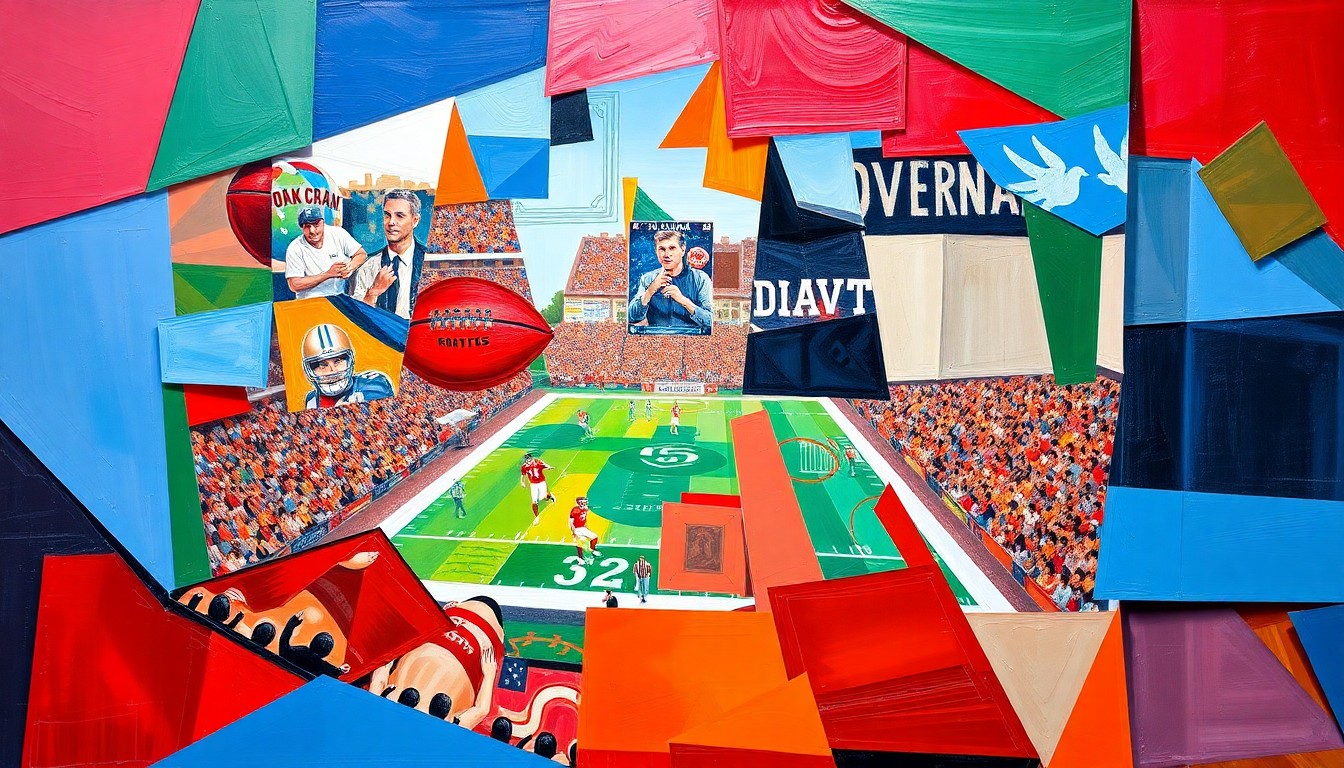A fractured, multi-perspective painting in bold colors depicting a fragmented, geometric scene of an NFL football game or draft prospects, reflecting the diverse opinions and predictions surrounding the Falcons' upcoming draft selections.