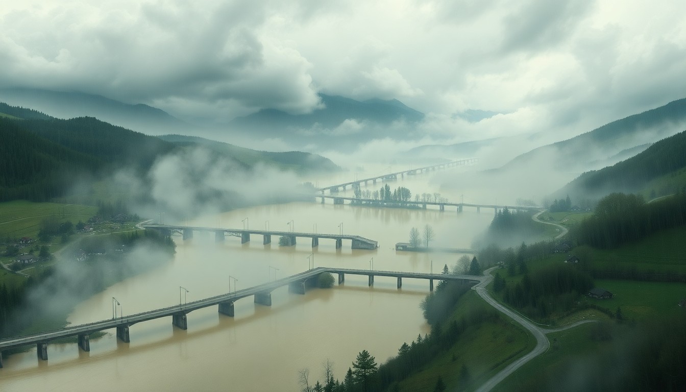 A sweeping, atmospheric landscape painting in muted tones of gray, blue, and green, depicting a flooded rural valley with damaged roads and bridges partially obscured by heavy rain and fog, conveying the overwhelming scale and impact of the natural disaster.