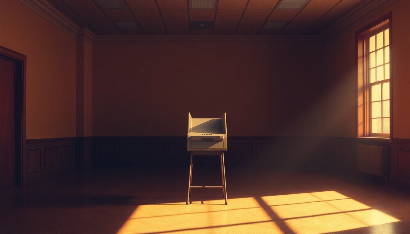 A photorealistic painting of a lone voting machine sitting in an empty government office, with warm sunlight streaming in through a window and deep shadows enveloping the scene, evoking a sense of uncertainty and isolation.