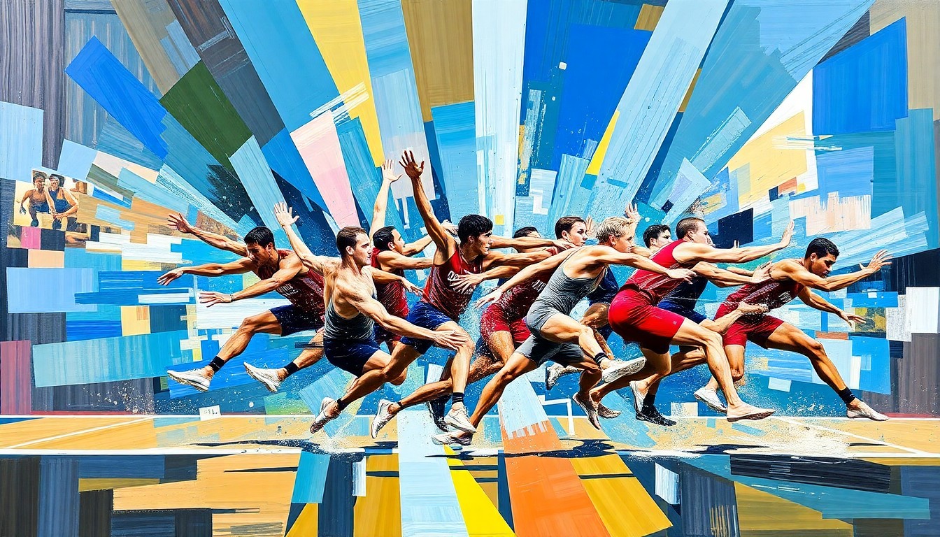 A cubist, geometric painting depicting the dynamic movements and energy of a gymnastics competition, with overlapping planes of color and form representing the sisters' shared experience.