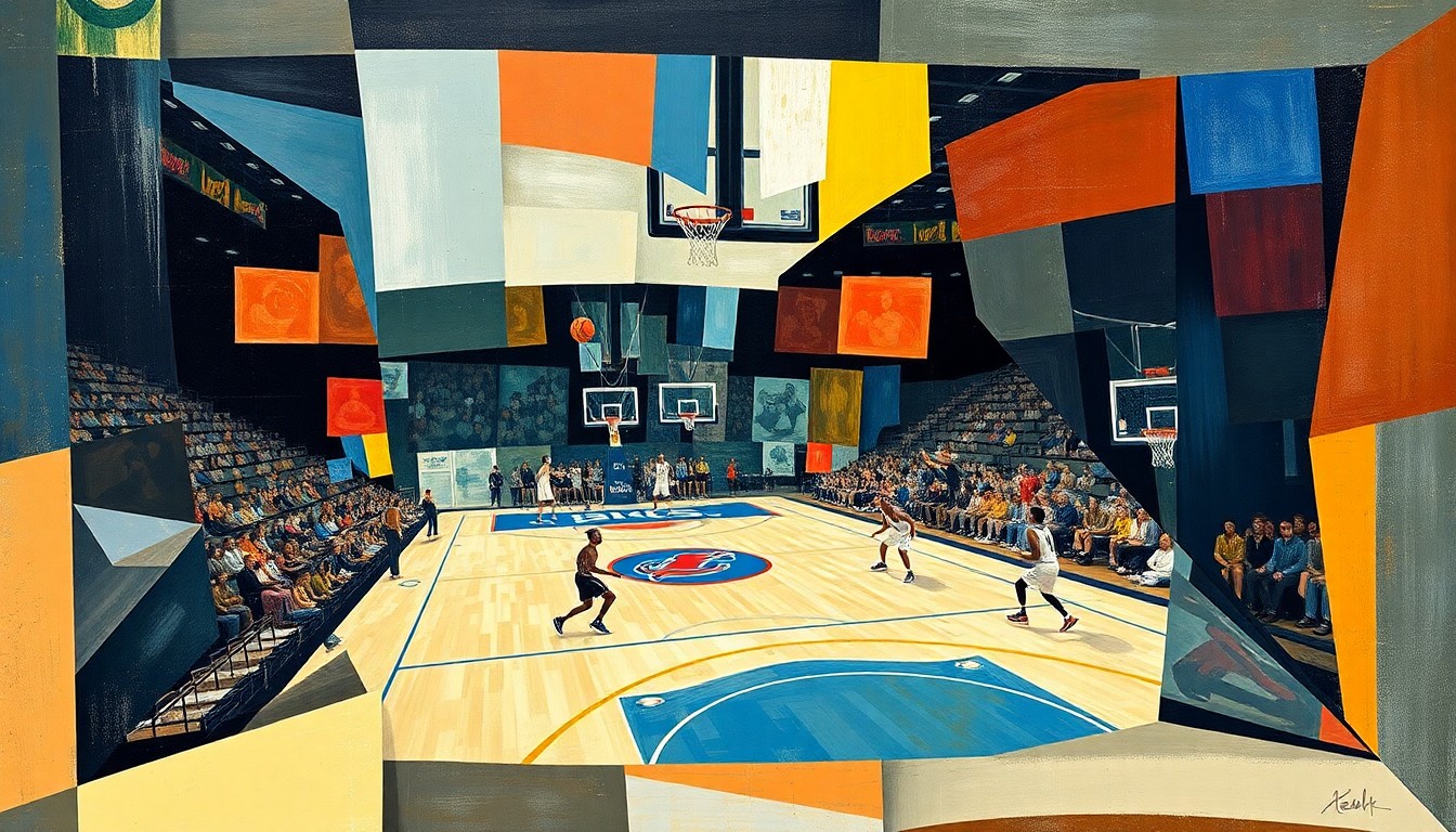 A cubist, geometric painting depicting a basketball game or match, with sharp, overlapping shapes and planes representing the dynamic action on the court.