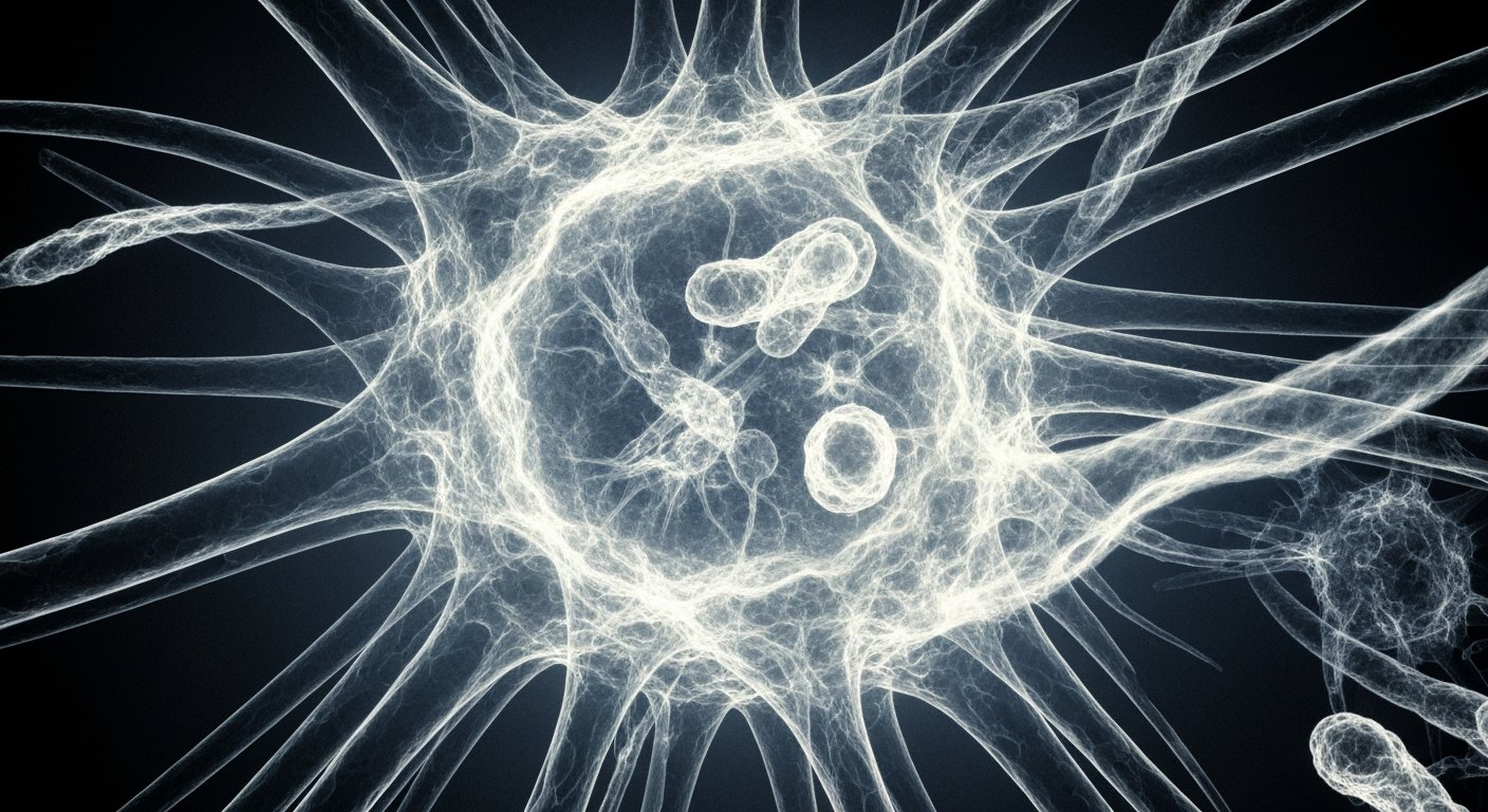 A highly detailed, translucent X-ray photograph revealing the intricate internal structure of a microscopic bacterial cell, conveying the complex biology of antibiotic-resistant pathogens.