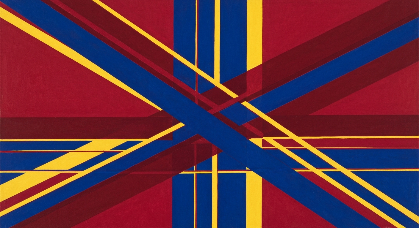 A highly stylized, geometric illustration depicting the grand scale of Miami's highway infrastructure, with sweeping, smooth airbrushed gradients of warm oranges and blues forming towering, streamlined overpasses and interchanges, conveying the disruptive impact of the construction project on the region's transportation network.