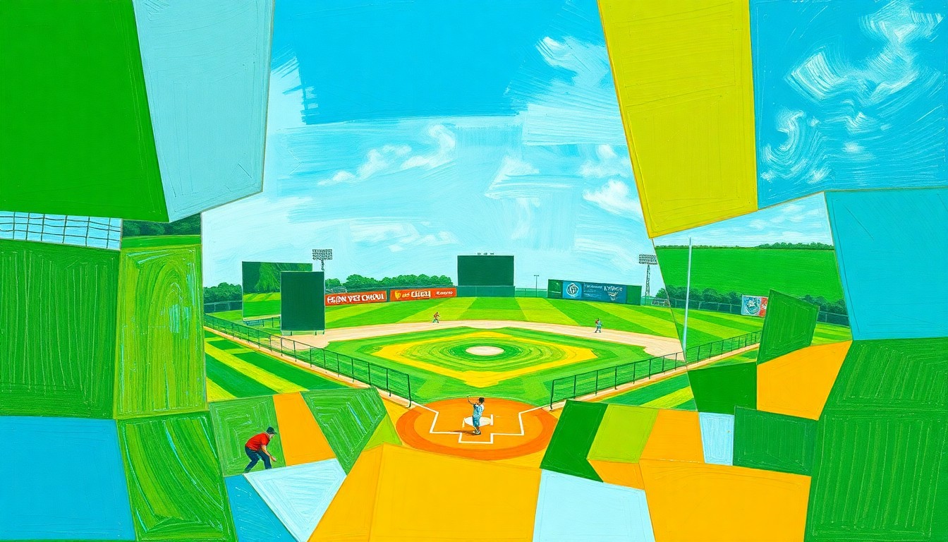 A cubist, geometric painting depicting the dynamic action of a high school softball game, with sharp planes of color representing the players, field, and equipment.