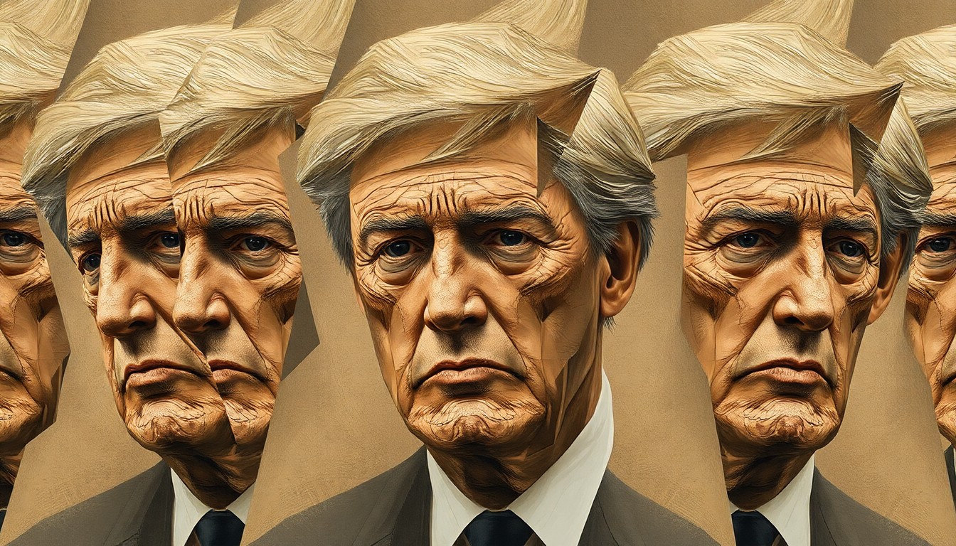 A fragmented, abstract painting depicting a fading political figure, with overlapping geometric shapes in muted earth tones and grays, conveying a sense of deterioration and uncertainty.