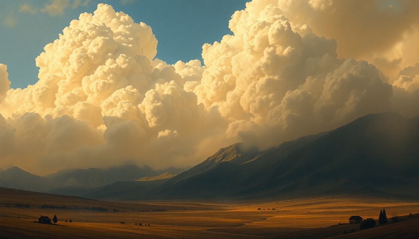 A sweeping, atmospheric landscape painting depicting a small, isolated cabin or structure dwarfed by towering, ominous clouds, conveying the overwhelming scale and power of the natural environment.