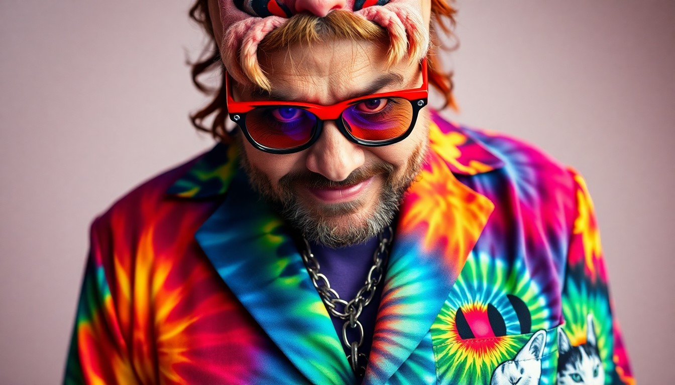An extreme close-up photograph showcasing the vibrant, textured details of Jack Black's eclectic outfit for his 'Saturday Night Live' hosting appearance, including bold tie-dye patterns, fiery flames, and playful cat imagery, all captured in a high-contrast, high-fashion studio lighting style.