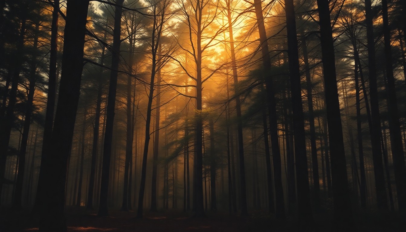 A tranquil oil painting depicting an old-growth forest in the Finger Lakes region, with sunlight filtering through the trees and casting long shadows across the forest floor, conveying a sense of timelessness and natural beauty under threat.
