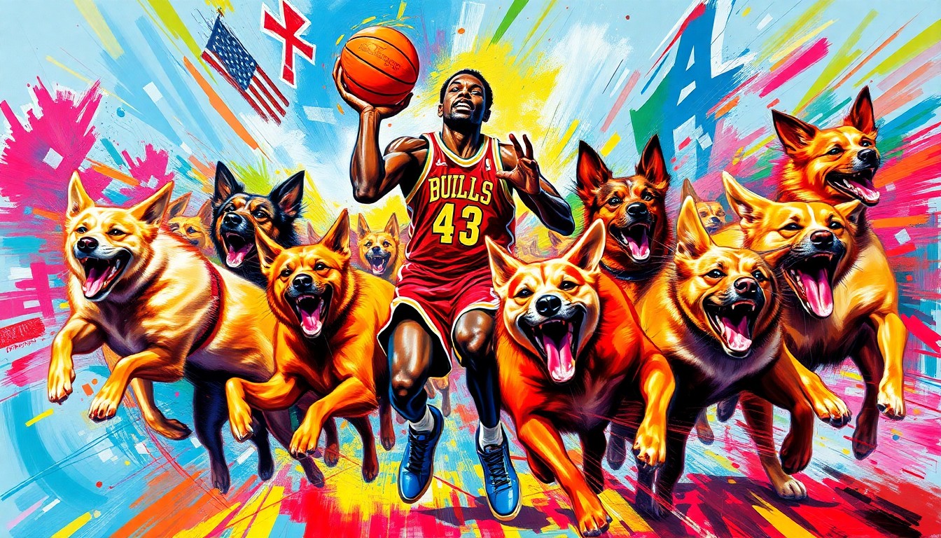 An abstract, energetic painting in neon colors depicting a basketball player in motion, surrounded by a pack of lively dogs of various breeds, capturing the raw energy and movement of both the athlete and his animal companions.