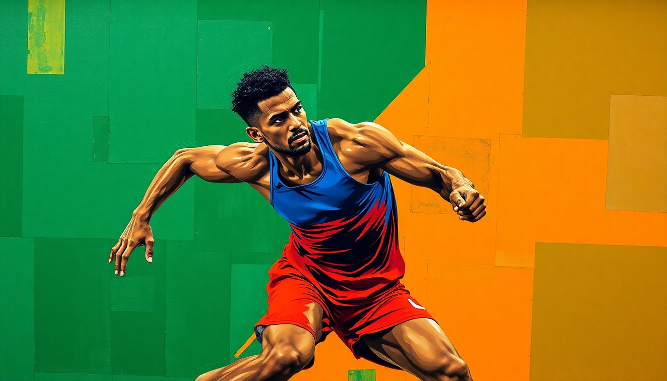 A fractured, geometric painting depicting the powerful, angular movements of a large, muscular athlete in motion, with vibrant colors and sharp, overlapping planes that deconstruct the figure into an abstract, cubist composition.