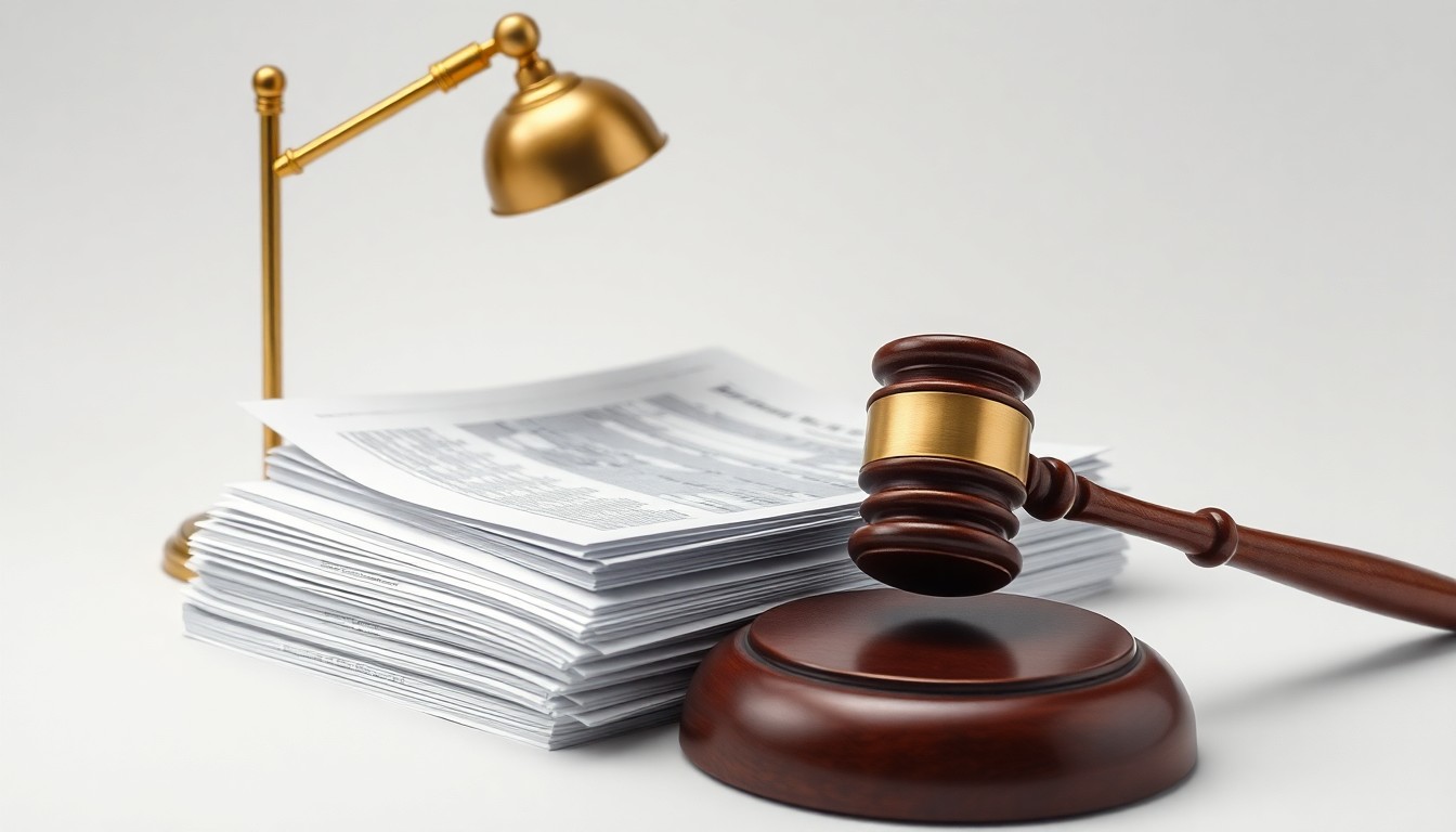 A minimalist studio still life photograph featuring a stack of financial documents, a brass desk lamp, and a polished wooden gavel, symbolizing the legal and financial challenges facing the DuSable Black History Museum.