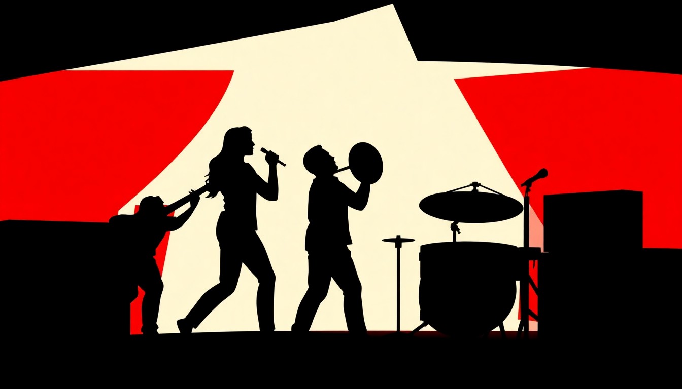 An abstract composition of bold, jagged geometric shapes in high-contrast red and white, conceptually representing a contemporary music education program.