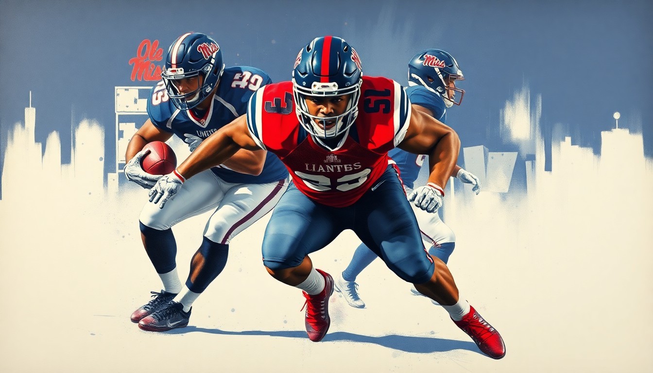 A cubist, geometric painting depicting the explosive power and movement of a defensive lineman, with sharp, overlapping planes in the colors of the Ole Miss Rebels.