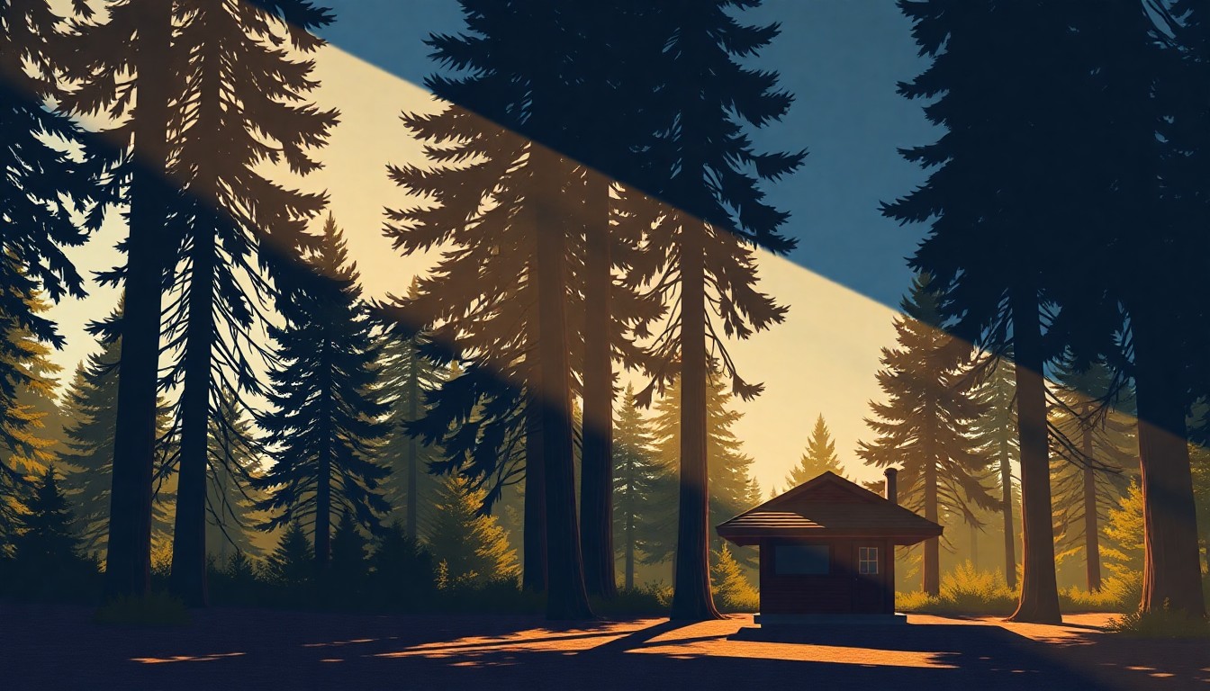 A cozy, wooden park ranger's station nestled in a forest of tall pine trees, the building bathed in warm, diagonal sunlight and deep shadows, conveying a sense of quiet contemplation and disciplined stewardship.