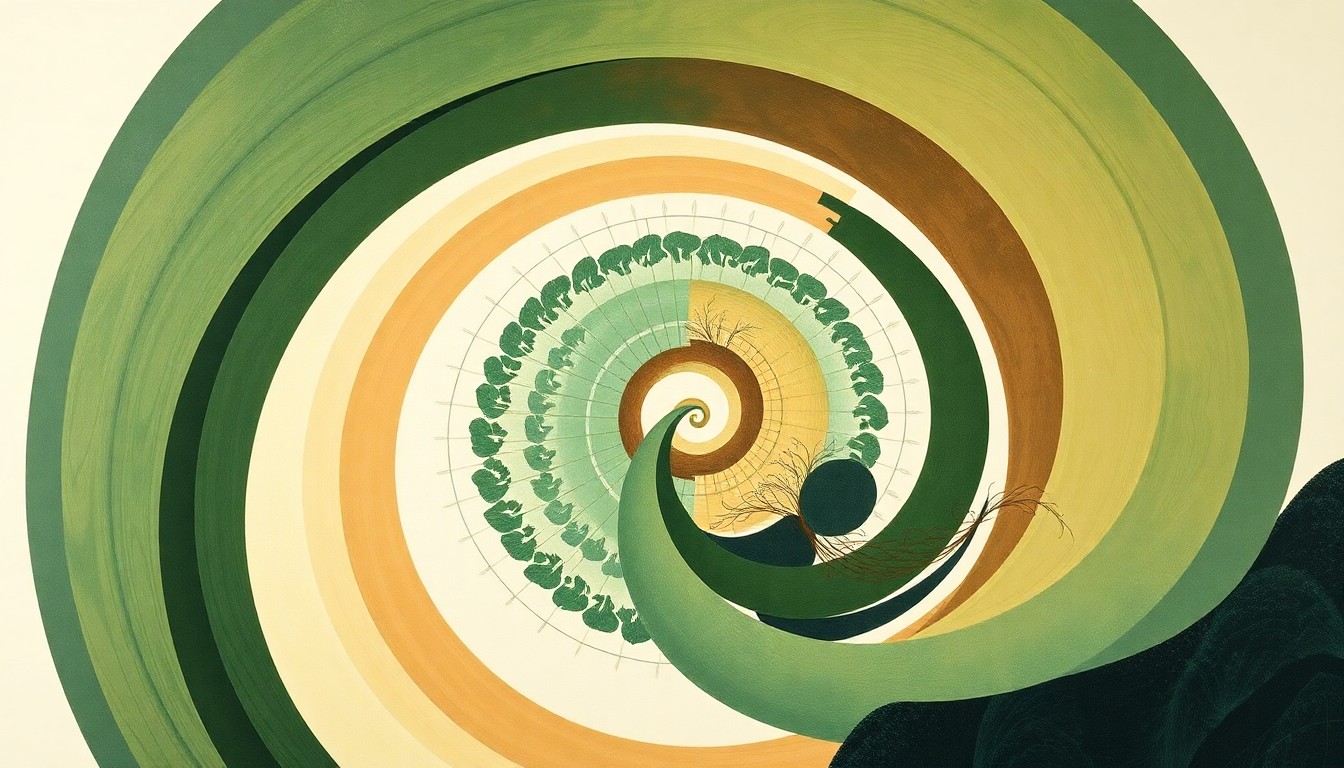A highly structured abstract painting in muted earth tones, featuring sweeping geometric arcs, concentric circles, and precise botanical spirals, conceptually representing the complex interconnected systems of forest ecology and climate research.
