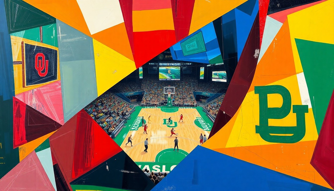 A dynamic, cubist-inspired painting depicting the action and energy of a college basketball game, with the players and court fragmented into sharp, overlapping geometric shapes in the team colors of Oklahoma and Baylor.