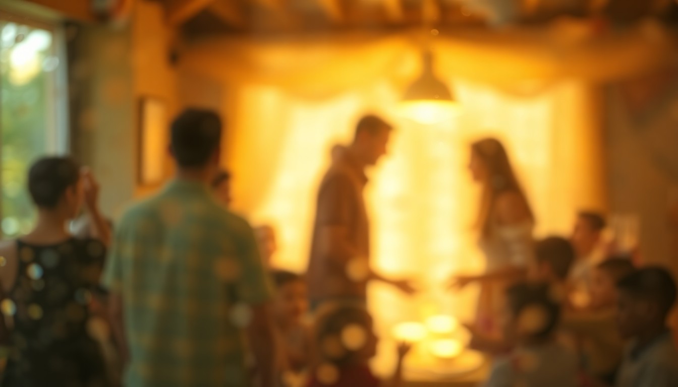 An extremely blurred, impressionistic photograph in warm tones, depicting a soft, out-of-focus scene of people gathered together, conceptually representing the cherished memories and community ties that defined Alice Mascaro's life.