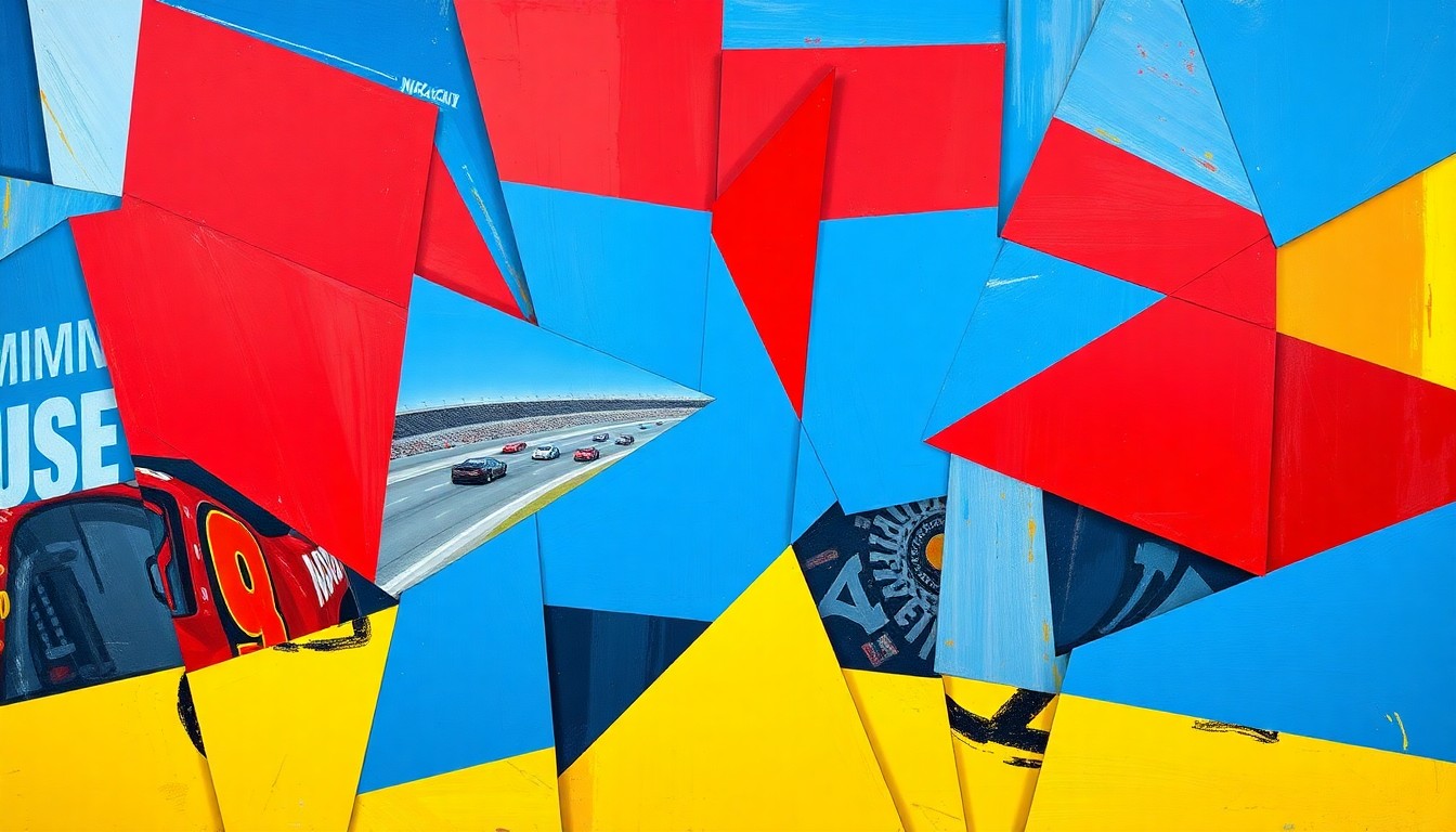 A cubist, geometric painting depicting a NASCAR race at Rockingham Speedway, with overlapping planes of color and shape representing the speed and energy of the competition.