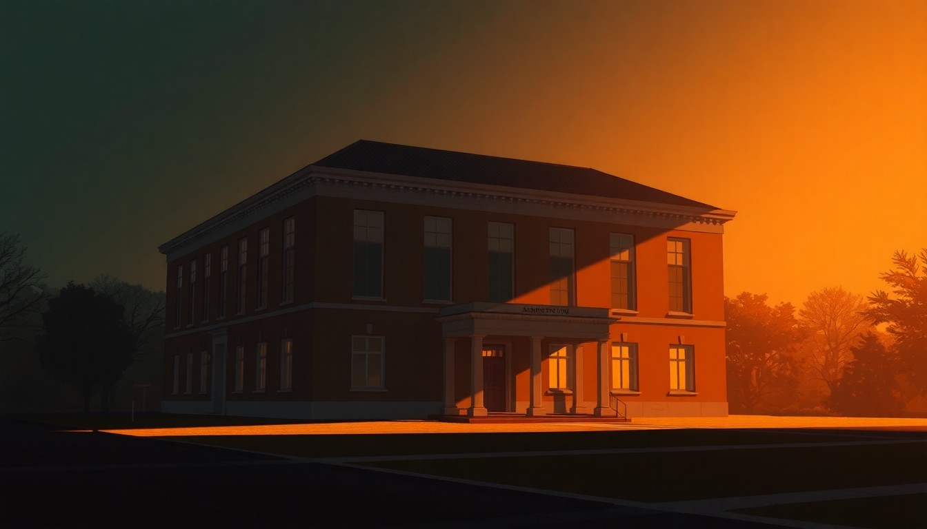 A serene, photorealistic painting of a university administration building with warm, golden sunlight streaming through the windows and deep shadows across the facade, conveying a sense of quiet contemplation and the weight of important decisions being made within.