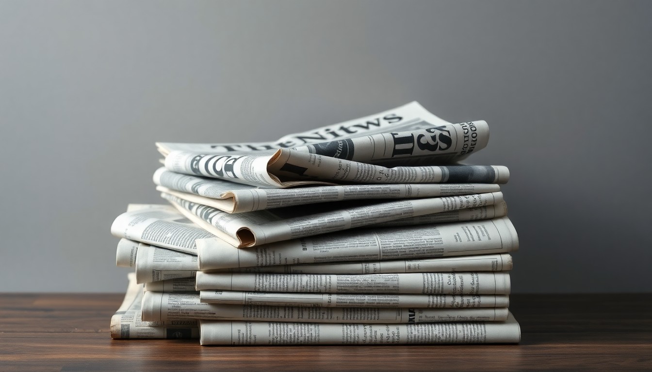 A photorealistic studio still-life featuring a stack of newspapers in muted tones, symbolizing the decline of traditional print media.