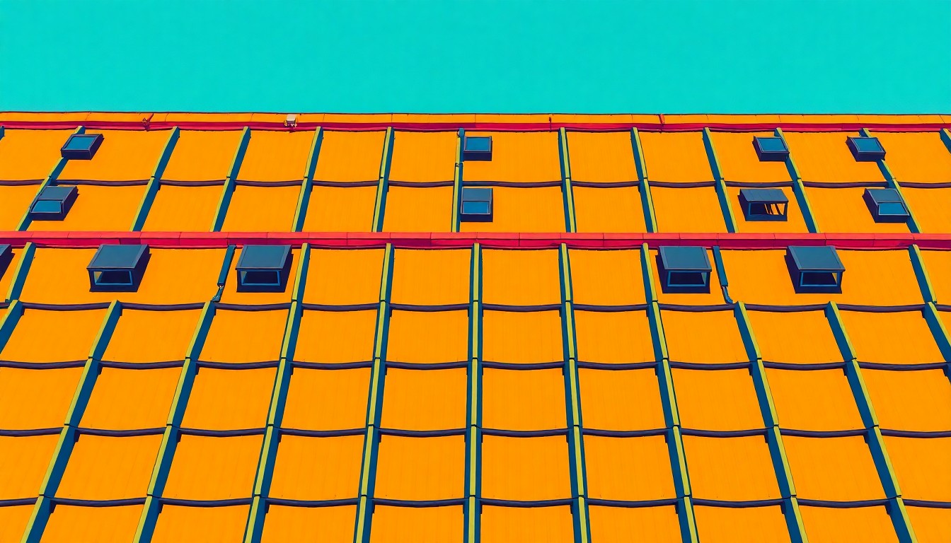 A bold, colorful silkscreen print depicting a school roof in a repeating grid pattern, using bright neon hues and heavy black outlines to create a modern pop art aesthetic that captures the energy and importance of the infrastructure upgrade.