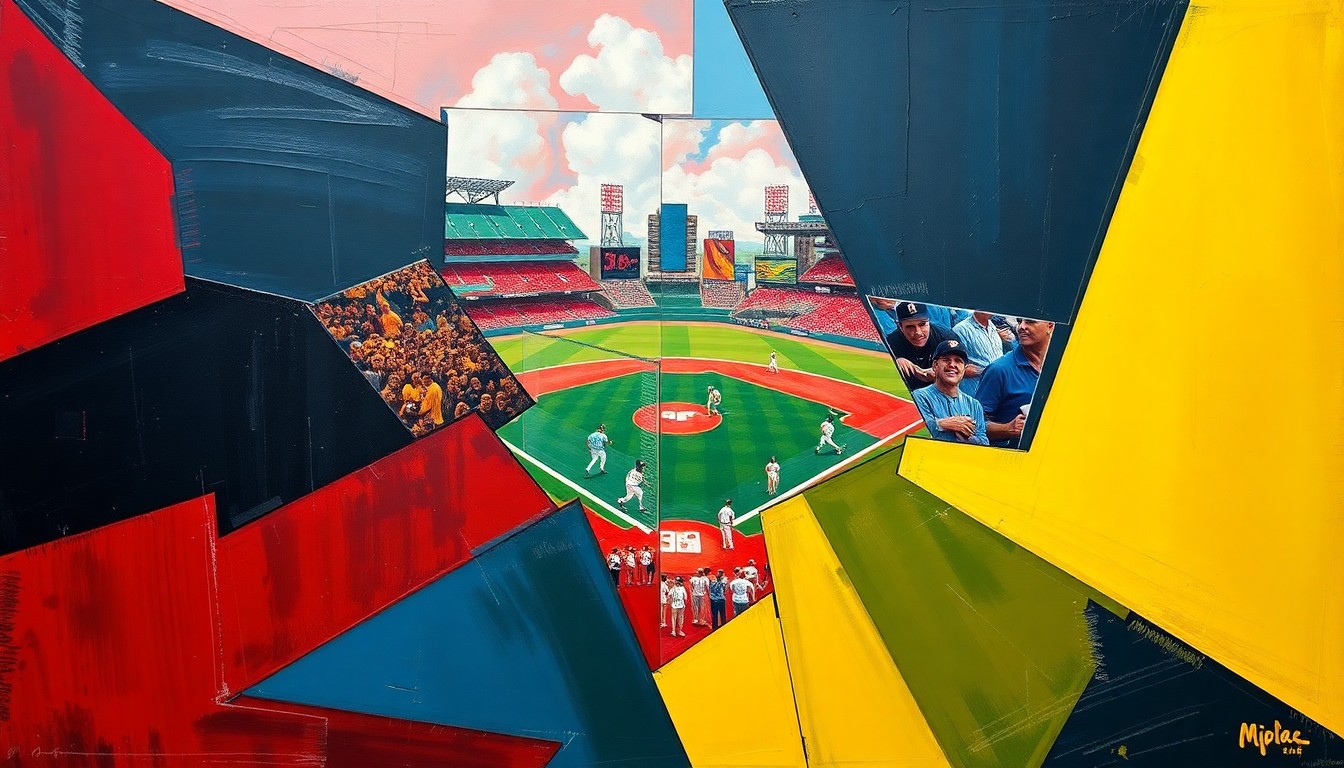 A fragmented, geometric painting in bold colors depicting a baseball player in motion, representing the dynamic start to Chase DeLauter's MLB career.