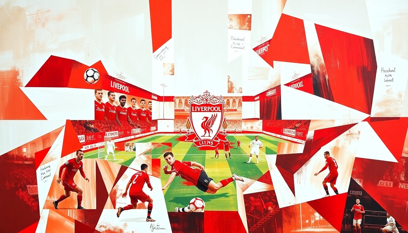 A fragmented, geometric painting depicting a Liverpool football match or training session, with sharp, overlapping planes of red and white representing the team's struggles and coach's efforts to find solutions.