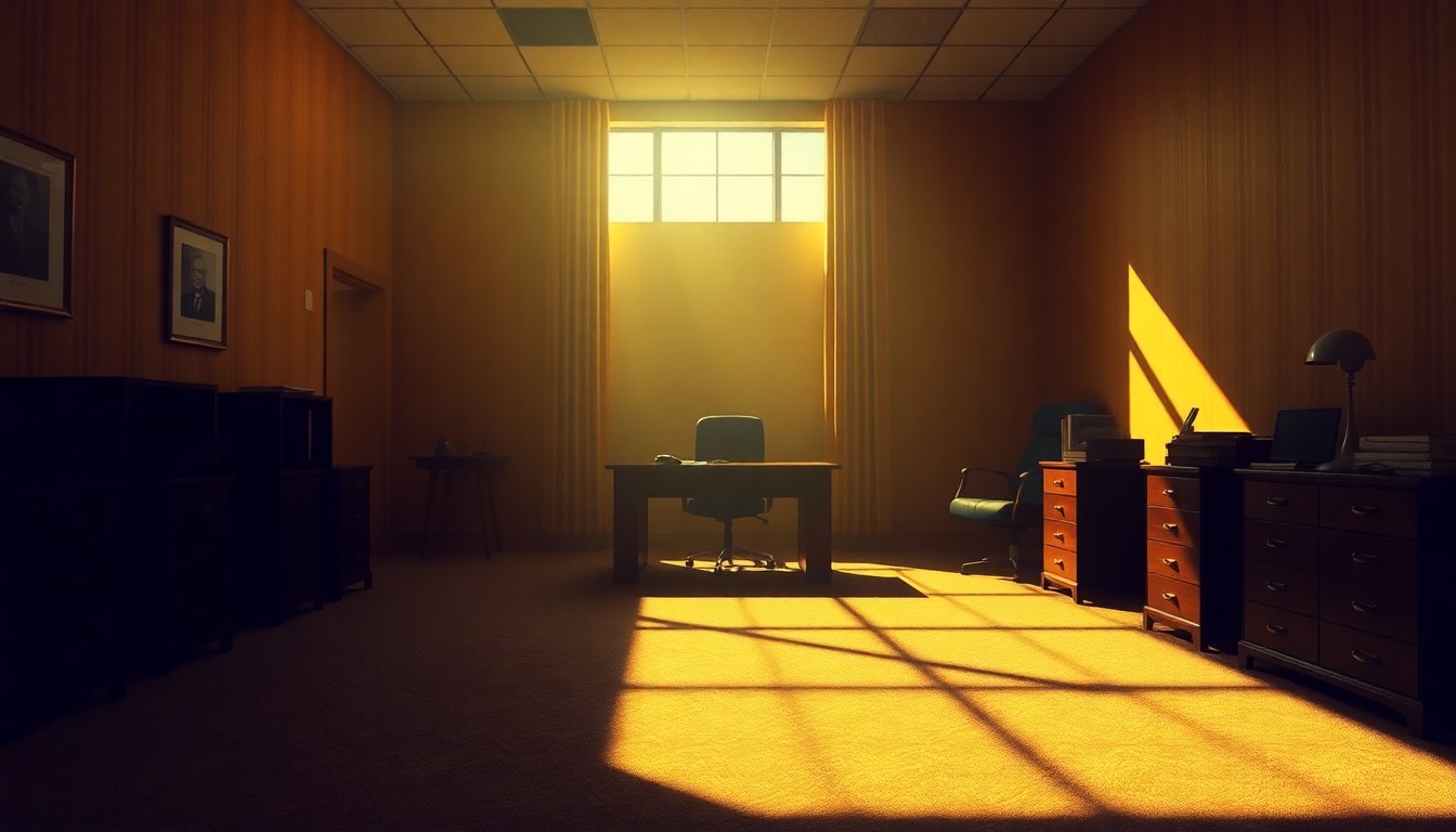 A dimly lit, cinematic painting of an empty political office space, with warm sunlight streaming in through the windows and deep shadows casting an air of melancholy and uncertainty.