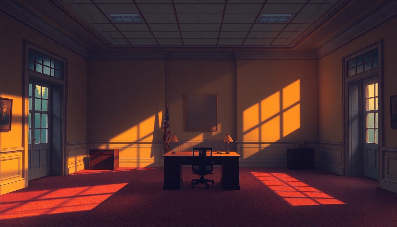A warm, cinematic painting of an empty government office space with a lone desk and chair in the center, bathed in diagonal sunlight and deep shadows, conveying a sense of political gridlock and bureaucratic inertia.