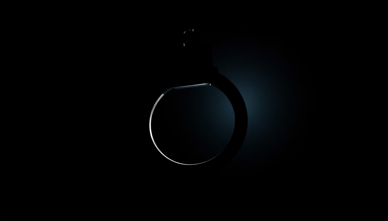 An extreme close-up of a single handcuff, its metal surface reflecting the harsh light of the camera flash, conveying a sense of gritty investigation and the gravity of the Tucson kidnapping case.