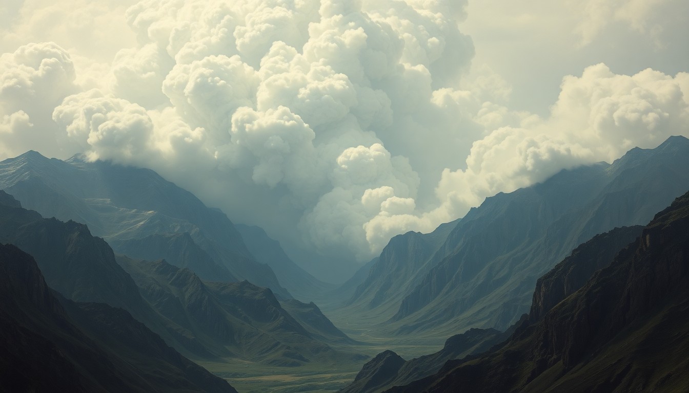 A dramatic landscape painting in muted tones, with a massive column of smoke rising up from the horizon and obscuring the view of the land below.