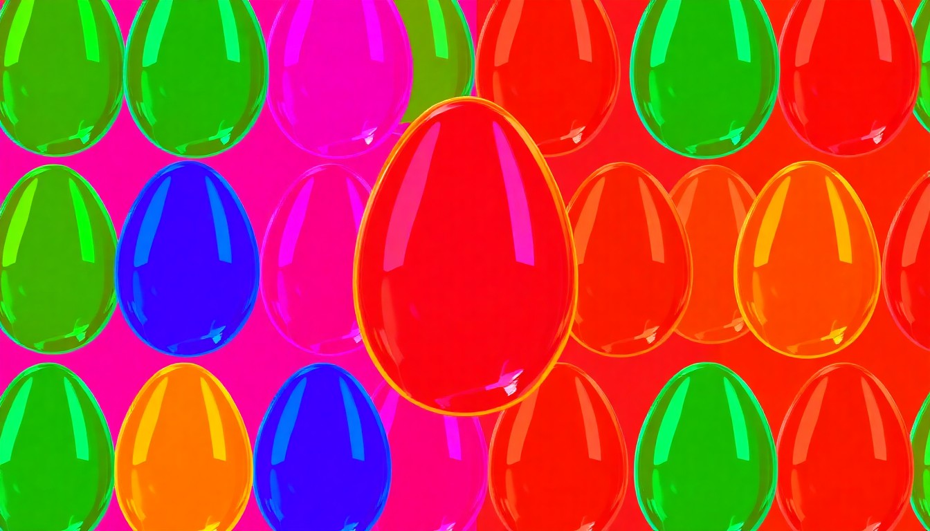 A grid of brightly colored, high-contrast silkscreen-style images of a single hand-blown glass Easter egg in various neon shades, conceptually representing the unique community event in Newton, Iowa.