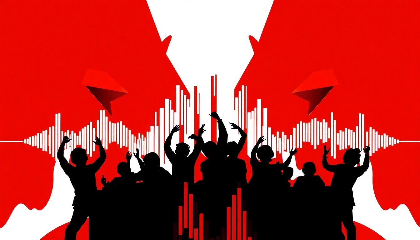 A striking abstract illustration featuring bold black silhouettes of dancers and DJs set against a vibrant red and white background, capturing the lively energy of a cumbia rave.