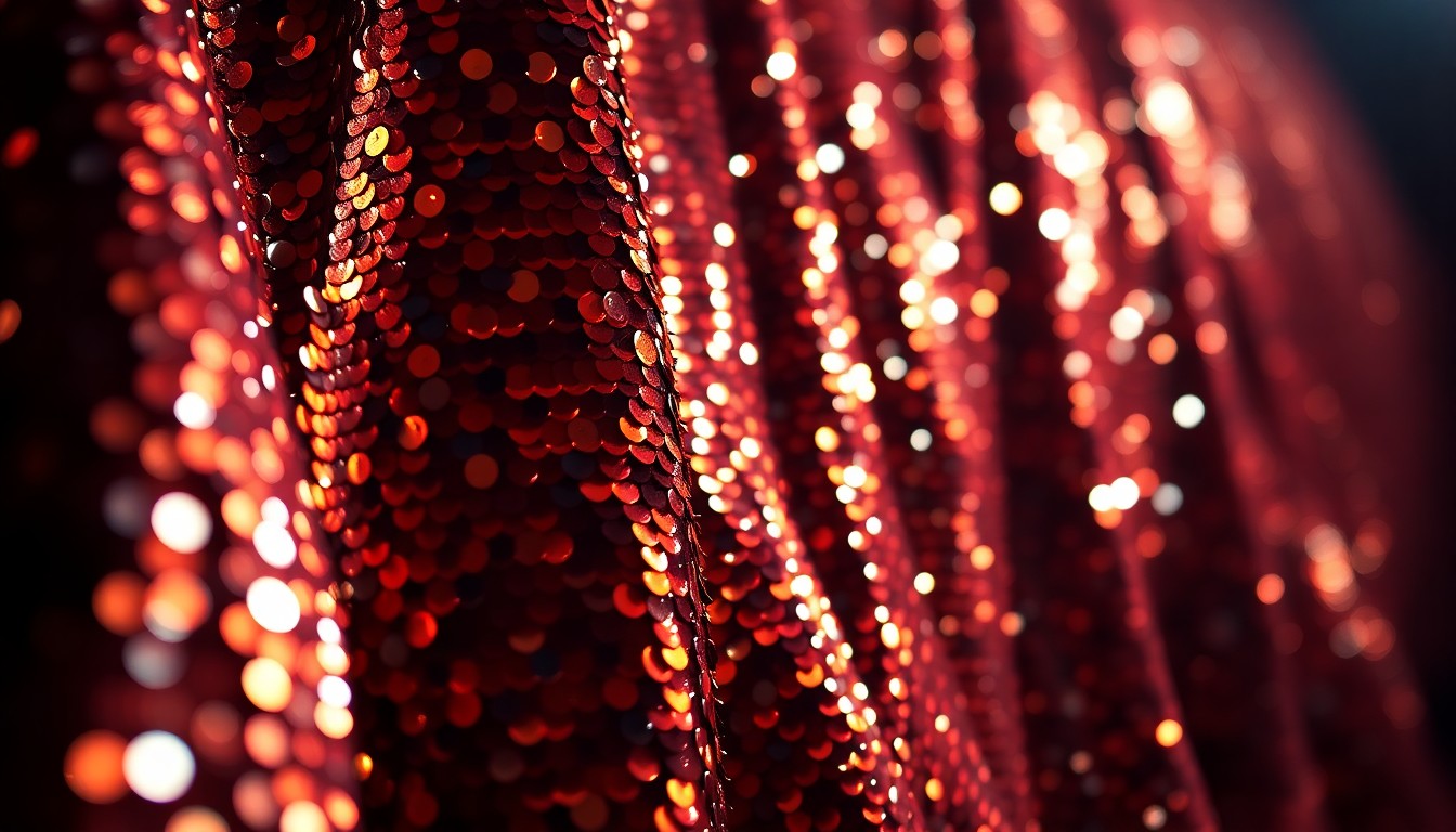 An extreme close-up photograph of shimmering sequins in a dramatic, high-contrast studio lighting setup, evoking the glitz and glamour of a late night TV performance.