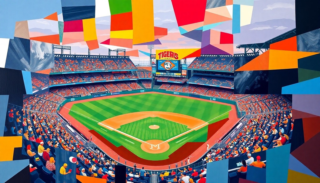 A cubist, geometric painting in bright orange, navy blue, and white, depicting a baseball game in an abstract, deconstructed style.