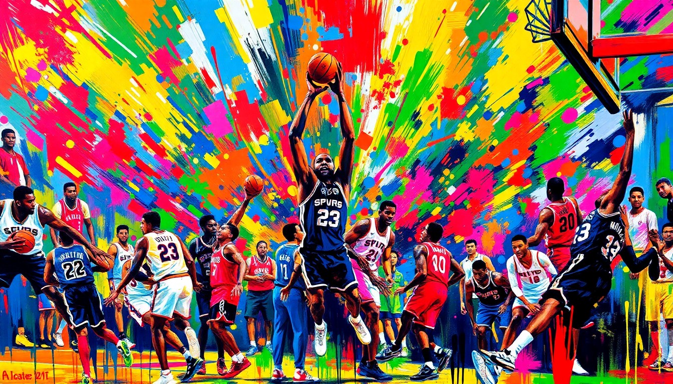 An abstract, energetic painting in neon colors depicting the frenetic action of a basketball game, with players' forms breaking down into expressive brushstrokes.