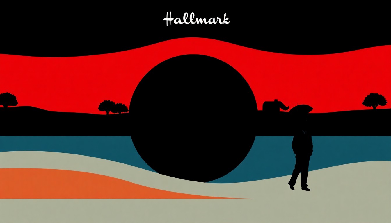 A highly stylized, abstract poster design featuring bold, jagged shapes in vibrant shades of red, pink, and blue, conceptually representing the varied romantic narratives of Hallmark's upcoming April 2026 movie lineup.