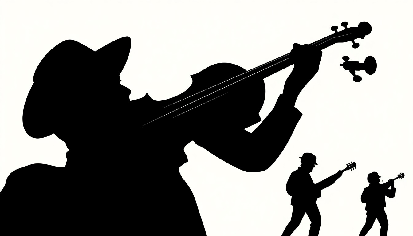 A bold, abstract composition featuring a striking black silhouette of a fiddle against a vibrant, geometric background, capturing the dynamic spirit of western swing music.