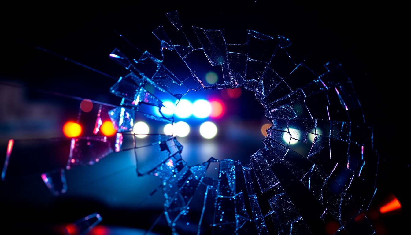 An extreme close-up photograph of shattered glass reflecting faint red and blue police lights, conceptually representing the aftermath of a high-speed chase and arrest related to a theft ring investigation.