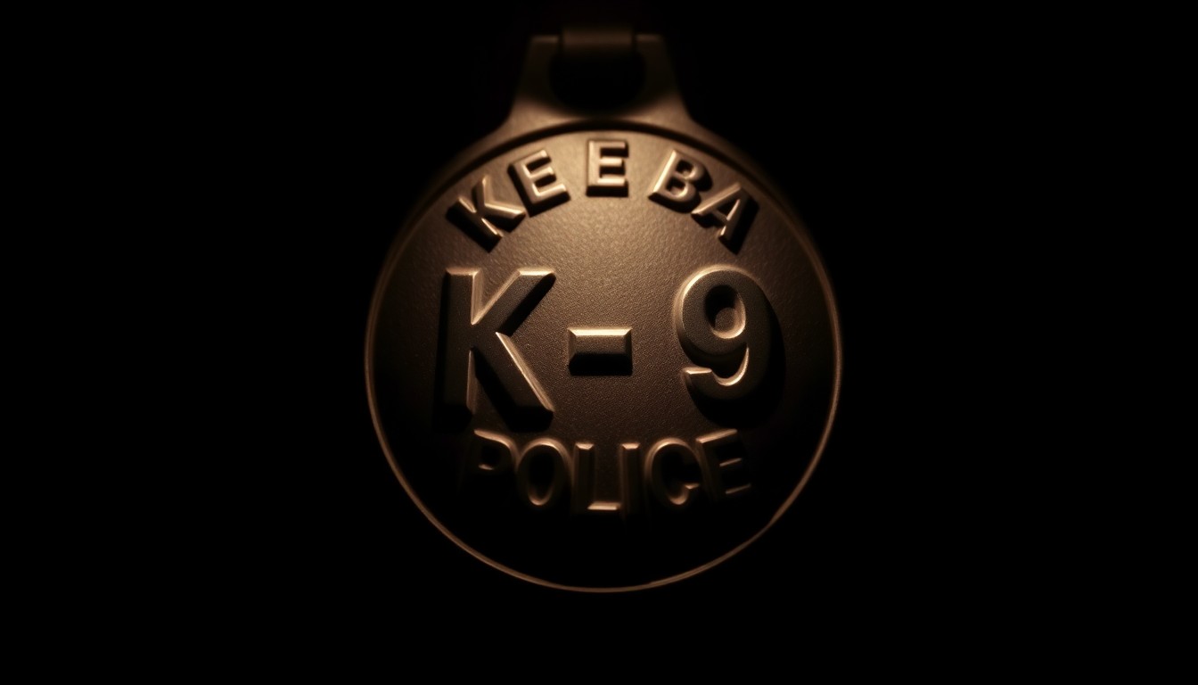 An extreme close-up photograph of a K-9 officer's badge or collar tag, lit by a harsh, direct camera flash against a pitch-black background, creating a stark, gritty, investigative aesthetic.