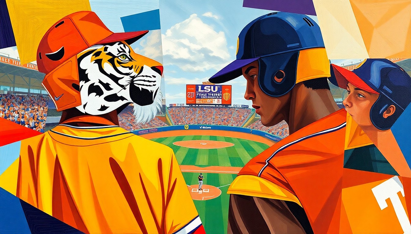 A fragmented, geometric painting depicting the action and energy of a college baseball game between the LSU Tigers and Tennessee Volunteers, with the teams' uniforms and colors used as the primary visual elements.