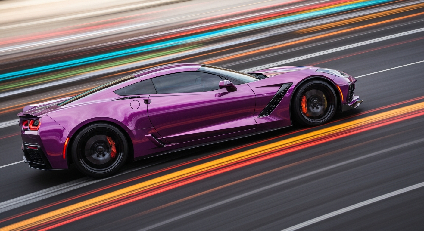 An abstract, motion-blurred image of a red Chevrolet Corvette ZR1 in dynamic movement, conveying the speed and energy of the high-performance sports car.
