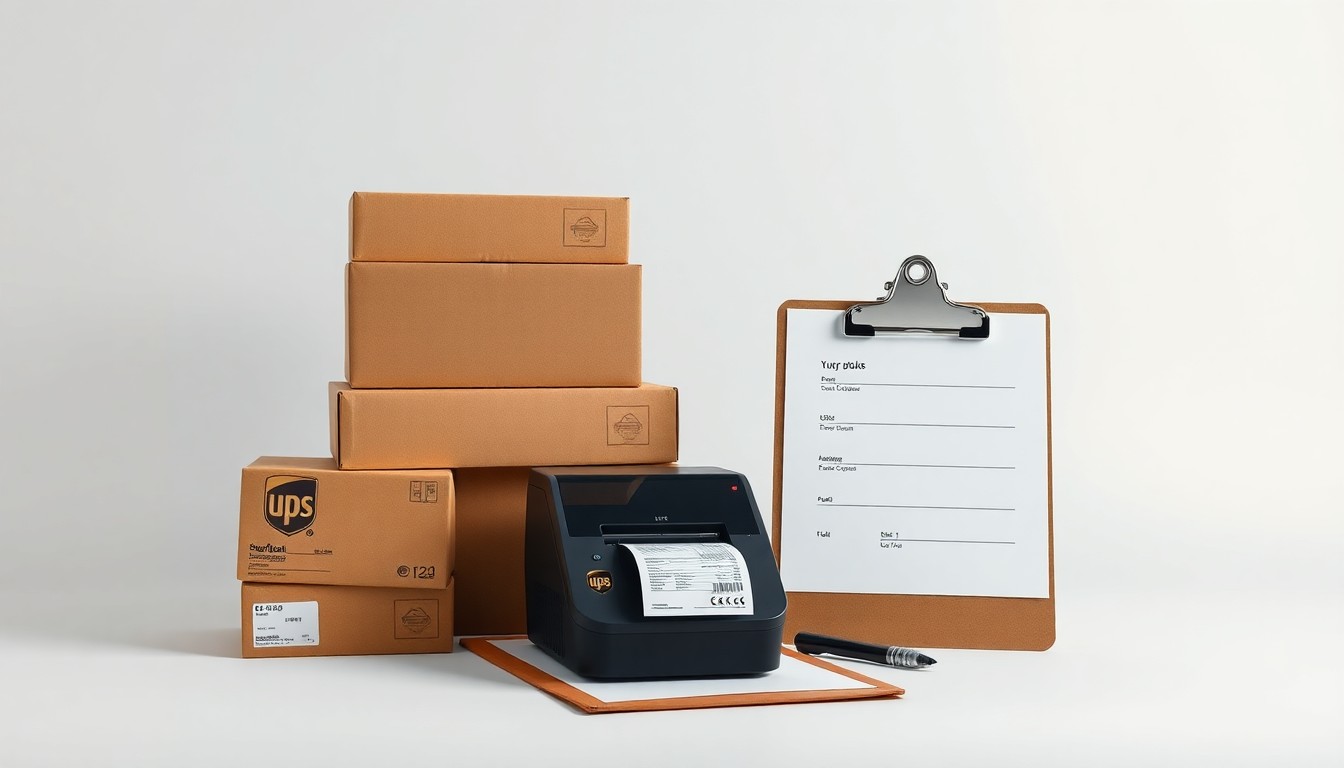 A photorealistic studio still life featuring a stack of shipping boxes, a label printer, and a UPS-branded clipboard on a clean, monochromatic background, symbolizing the core tools and services of a small business shipping and logistics operation.